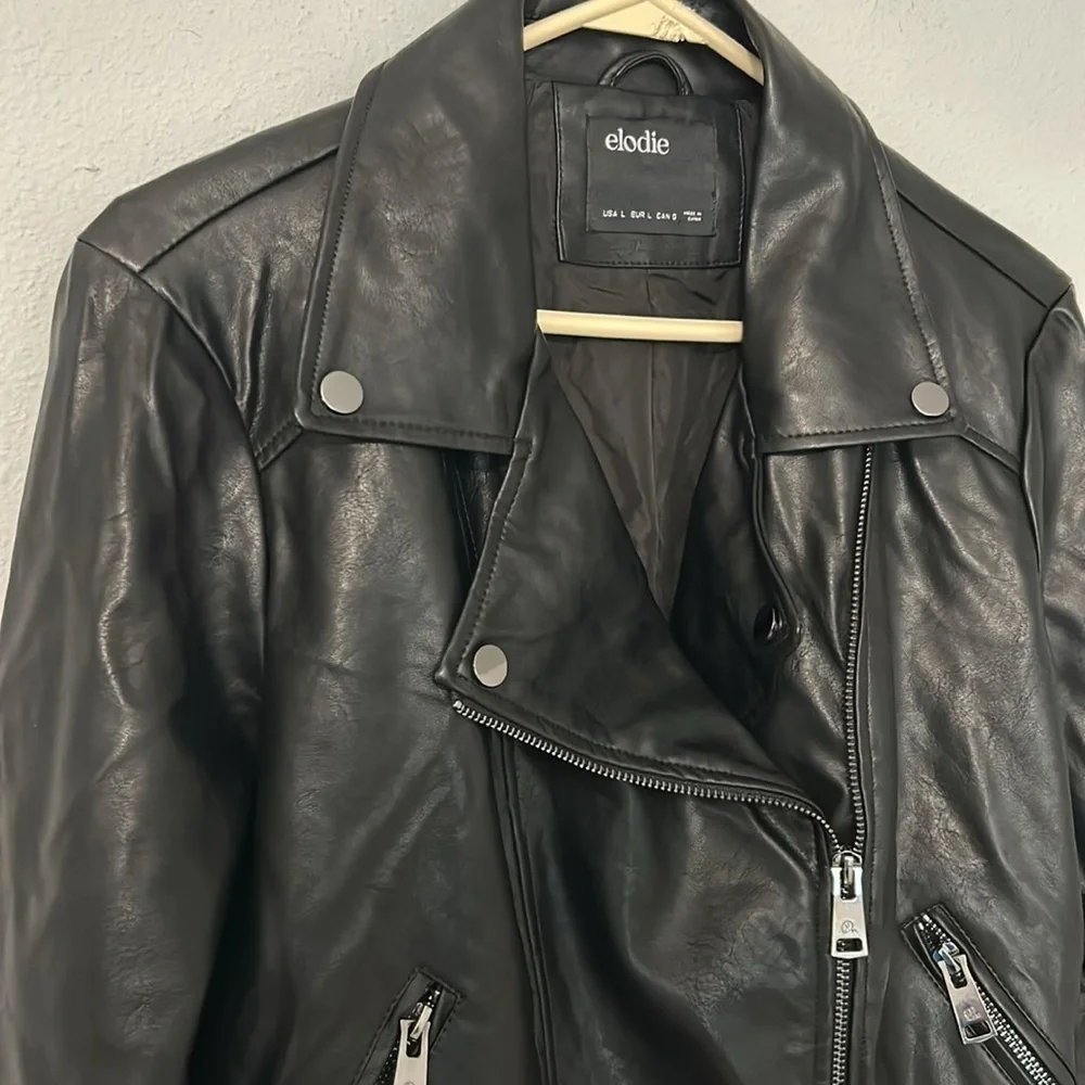 Eloide Faux leather Moto Jacket, black, silver zip, women’s size Large.